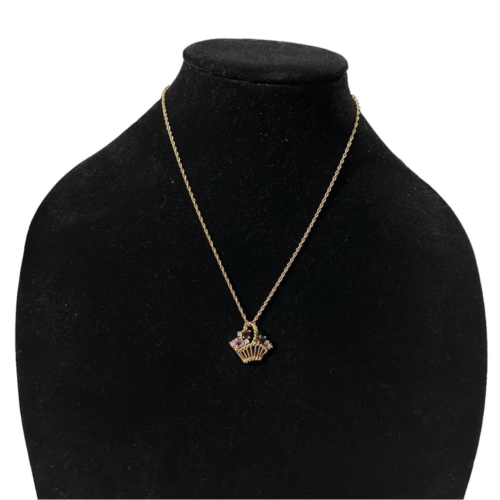 Vtg 14k Gold Plated Gemstones Amethyst Floral Basket Pendant Necklace 20” Chain